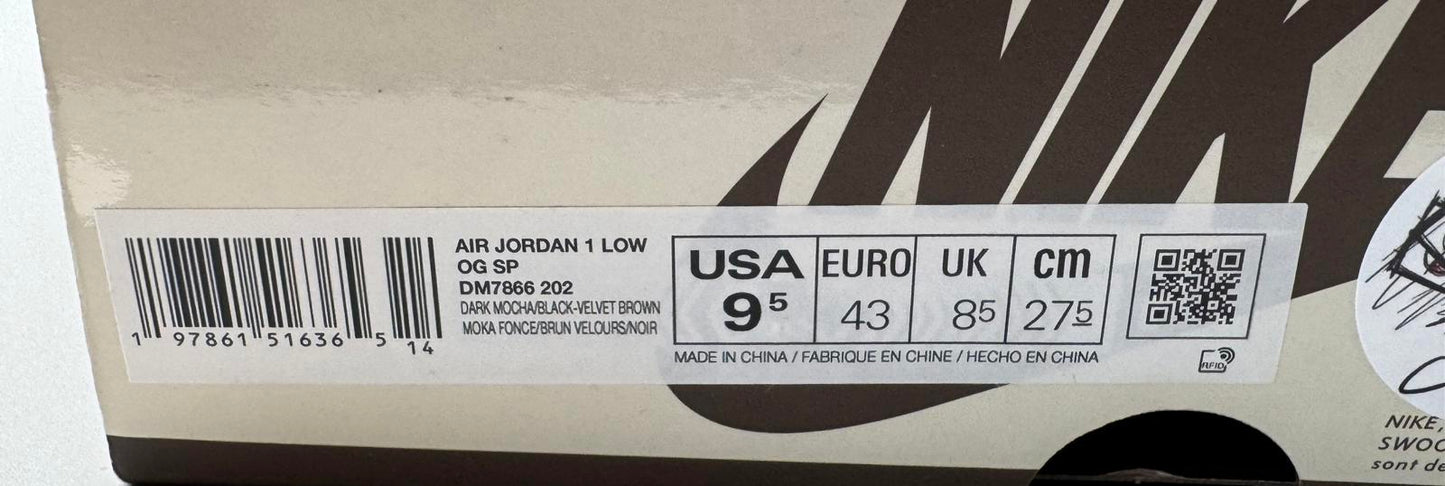 Size 8.5 Travis Scott Jordan 1 Low Velvet Brown