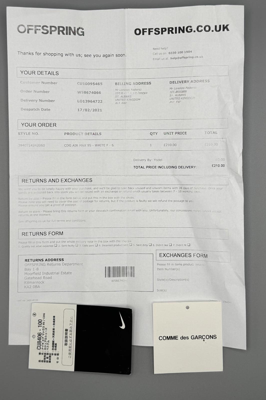 UK 6 Nike Air Max 95 CDG Lorenzo Custom One of Two